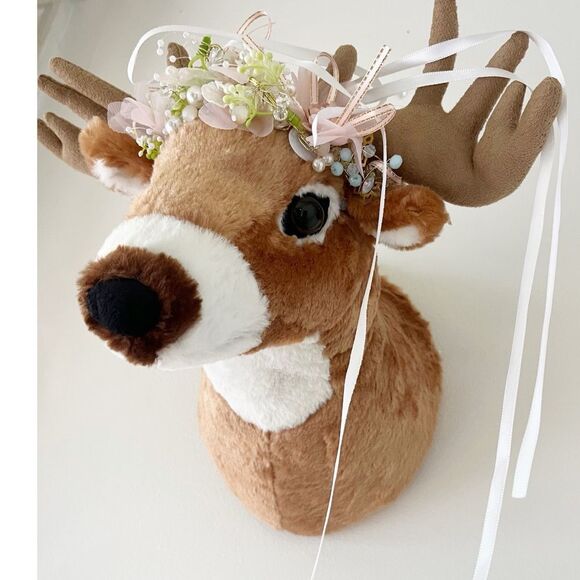Deer Whimsical Plush Wall Mount with Floral Crown - Picture 1 of 15